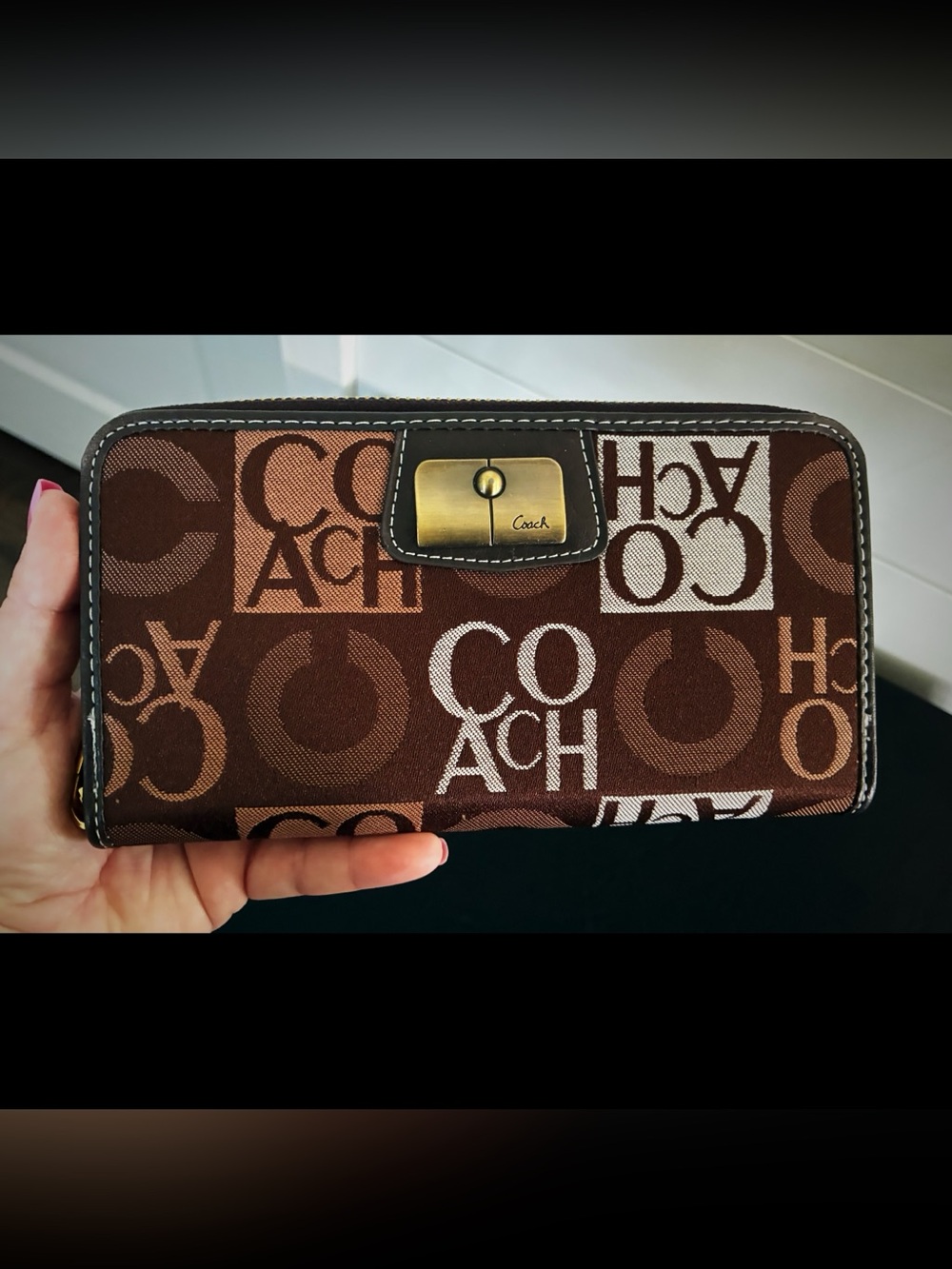 Coach Graphic Block Y2K Brown Logo Signature Zip Wallet with Brass Plate
